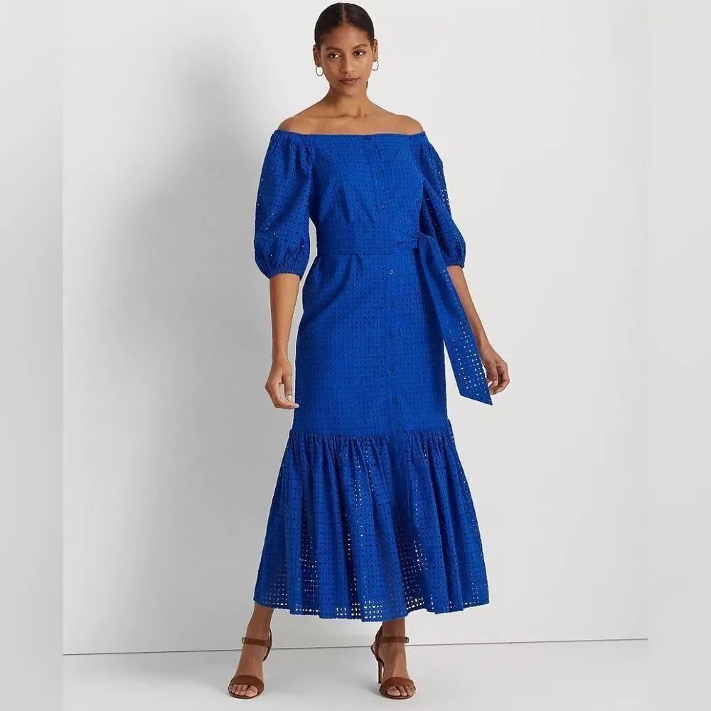 Lauren Ralph Lauren Eyelet Off Shoulder Midi Dress in Blue - Size 8